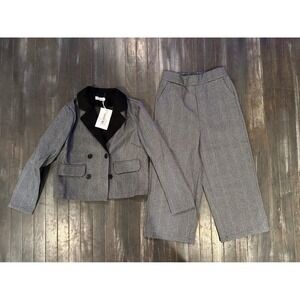 Goldfish Grey Pant Suit Set Double Breasted Blazer Wide Leg Cropped Trousers